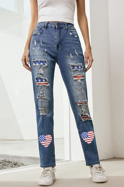 Women's Sky Blue Heart Flag Patch Frayed Jeans with American Flair