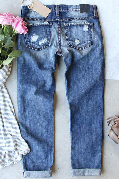 Women's Sky Blue Heart Flag Patch Frayed Jeans with American Flair