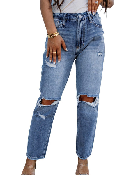 Ripped Cutout Fringe Hem Casual Jeans