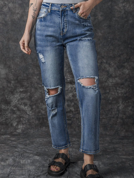 Ripped Cutout Fringe Hem Casual Jeans