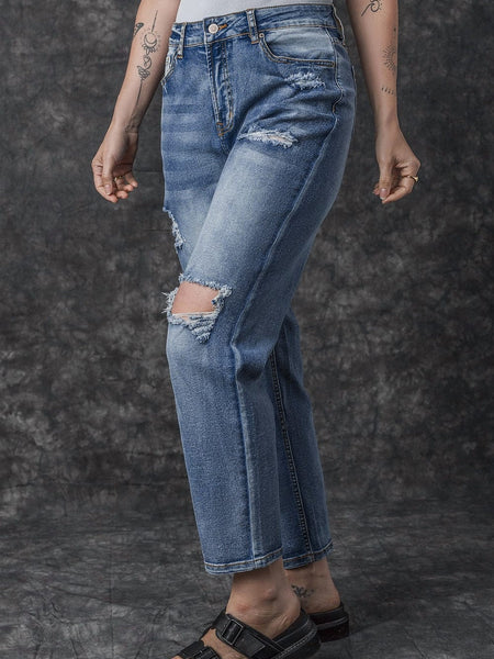 Ripped Cutout Fringe Hem Casual Jeans