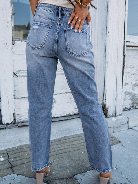 Ripped Cutout Fringe Hem Casual Jeans
