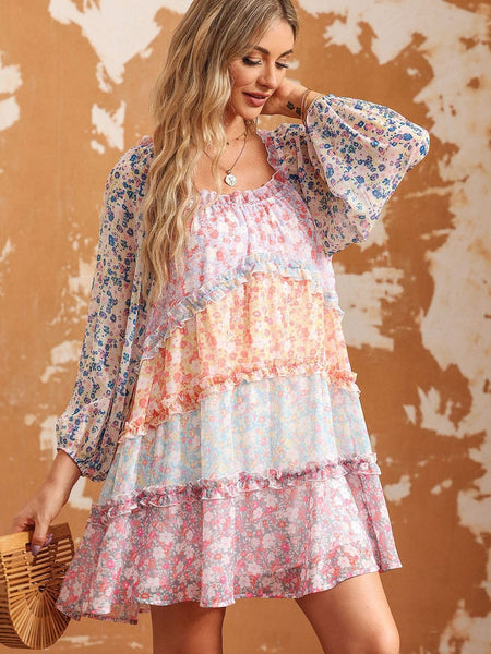 Sky Blue Patchwork Floral Babydoll Mini Dress