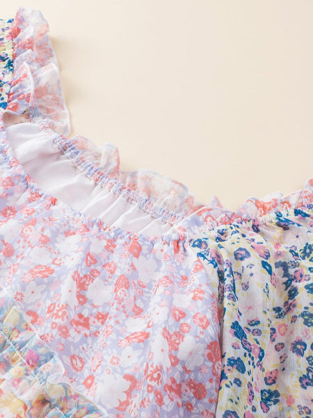Sky Blue Patchwork Floral Babydoll Mini Dress