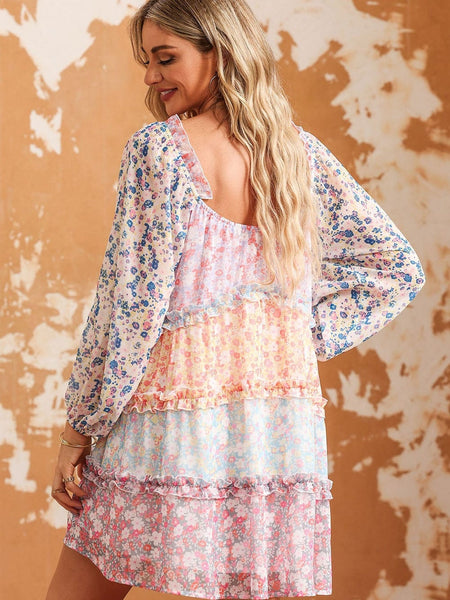 Sky Blue Patchwork Floral Babydoll Mini Dress