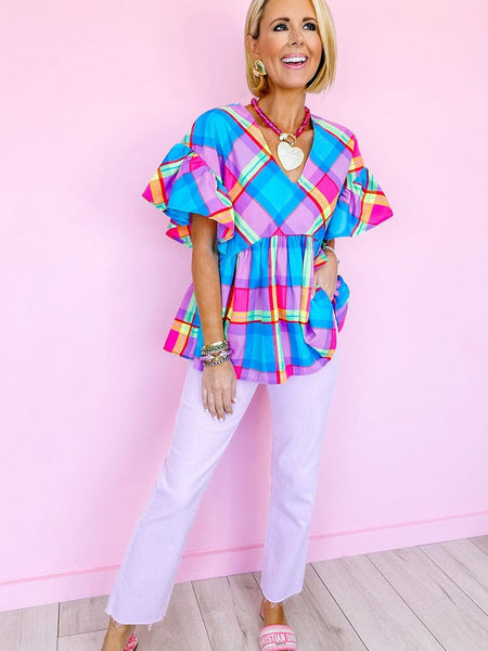 Sky Blue Plaid Print V-Neck Ruffle Sleeve Babydoll Blouse