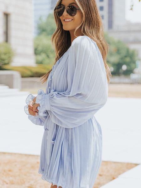 Sky Blue Pleated Ruffled V Neck Romper with Tie Waist Detail and Button Front