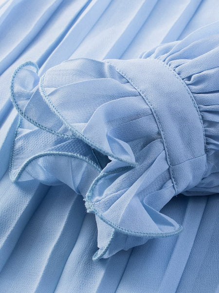 Sky Blue Pleated Ruffled V Neck Romper with Tie Waist Detail and Button Front