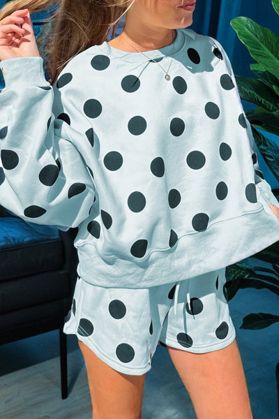 Sky Blue Polka Dot Lounge Set: Drop Shoulder Pullover & Shorts