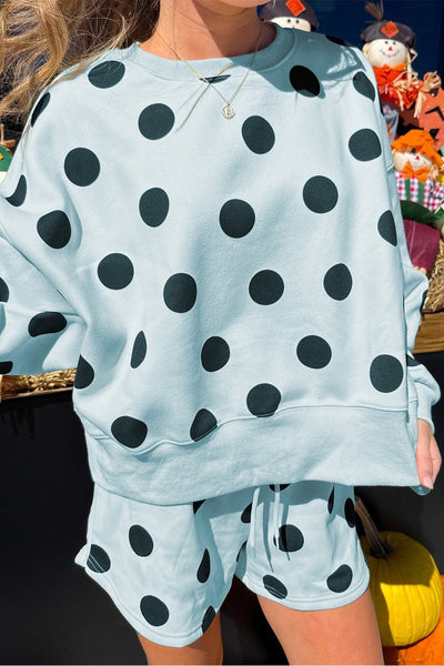 Sky Blue Polka Dot Lounge Set: Drop Shoulder Pullover & Shorts