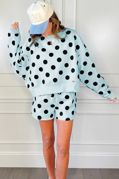 Sky Blue Polka Dot Lounge Set: Drop Shoulder Pullover & Shorts