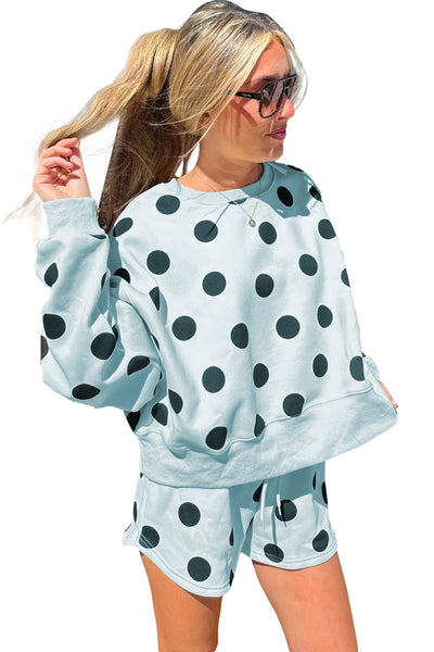 Sky Blue Polka Dot Lounge Set: Drop Shoulder Pullover & Shorts