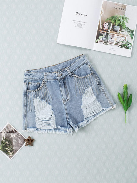 Sparkling Sky Blue Rhinestone Tassel Denim Shorts