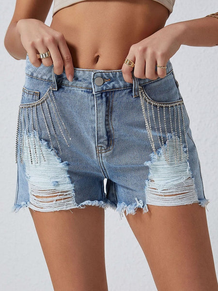 Sparkling Sky Blue Rhinestone Tassel Denim Shorts