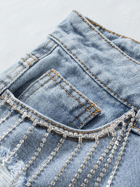 Sparkling Sky Blue Rhinestone Tassel Denim Shorts
