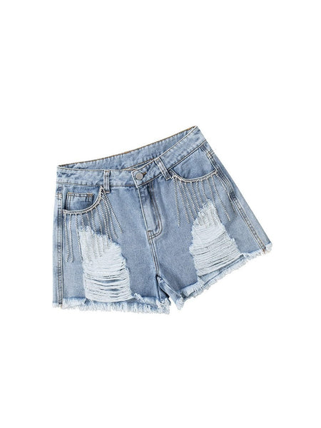 Sparkling Sky Blue Rhinestone Tassel Denim Shorts