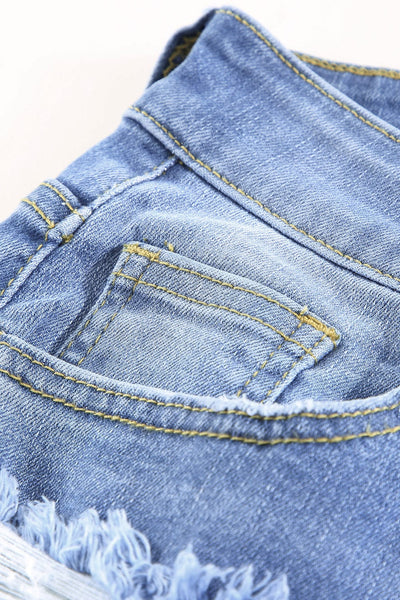 Blue Raw Hem Denim Jorts with Distressed Details, Mid-Stretch Slash Pockets Bermuda Denim Shorts, Women's Denim Jeans & Apparel