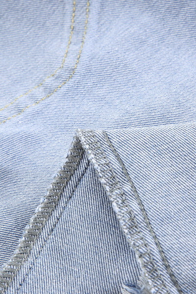 Blue Raw Hem Denim Jorts with Distressed Details, Mid-Stretch Slash Pockets Bermuda Denim Shorts, Women's Denim Jeans & Apparel