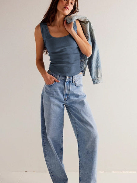 Sky Blue Scoop Neck Ribbed Tank Top with Exposed Seams
