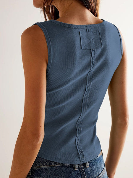Sky Blue Scoop Neck Ribbed Tank Top with Exposed Seams