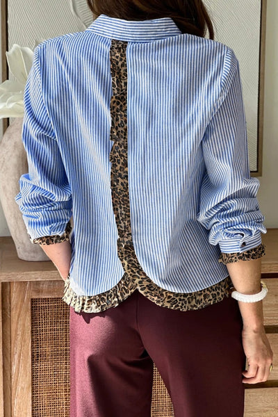 Women's Sky Blue Striped Cotton Blouse with Leopard Frill Trim