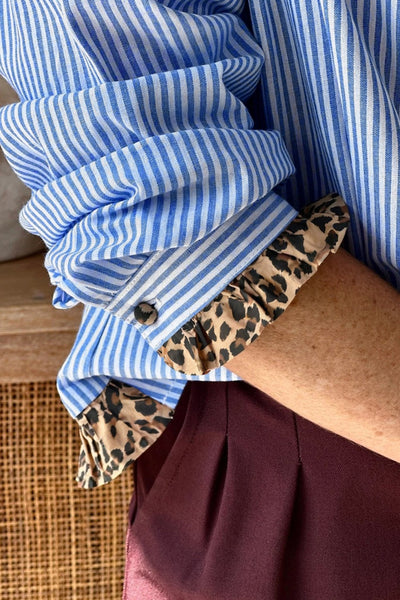Women's Sky Blue Striped Cotton Blouse with Leopard Frill Trim
