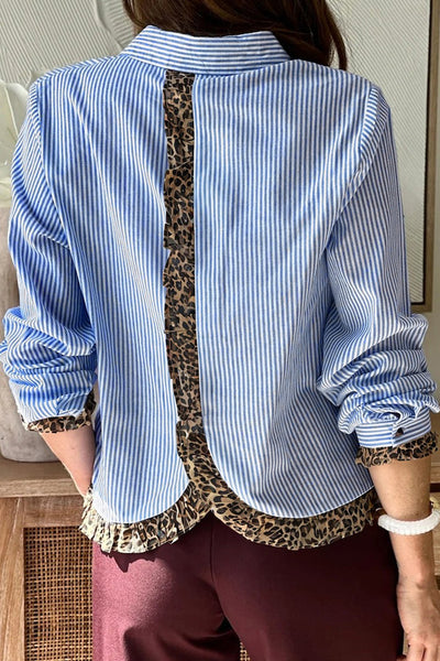 Women's Sky Blue Striped Cotton Blouse with Leopard Frill Trim