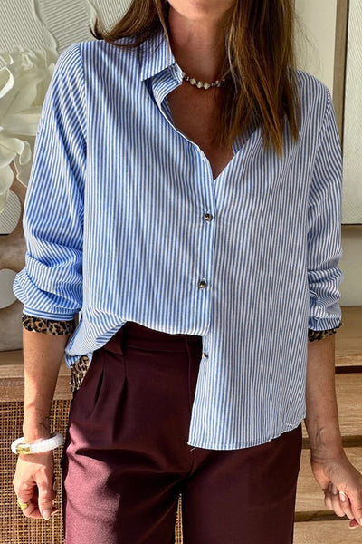 Women's Sky Blue Striped Cotton Blouse with Leopard Frill Trim
