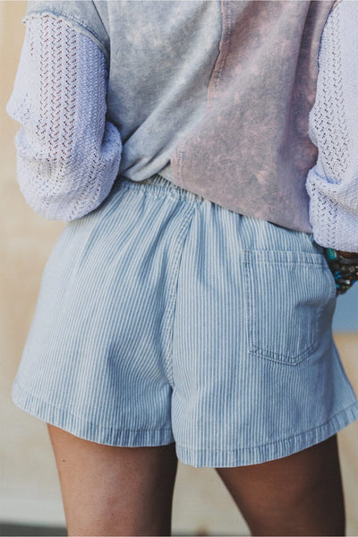 Women's Sky Blue Striped High-Waisted Denim Shorts with Drawstring