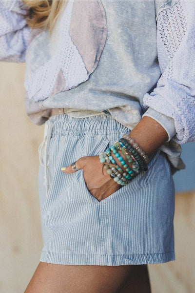 Women's Sky Blue Striped High-Waisted Denim Shorts with Drawstring