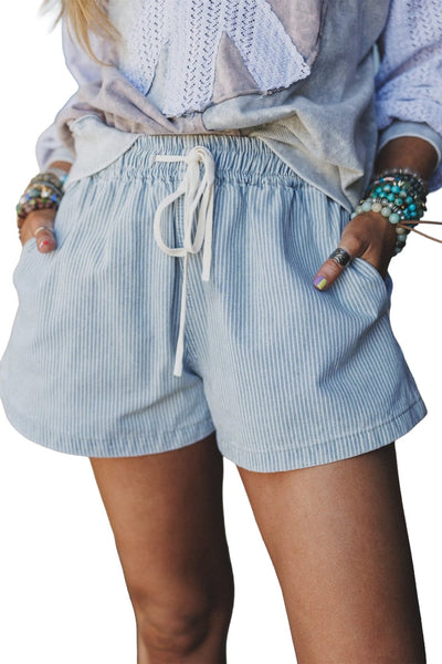 Women's Sky Blue Striped High-Waisted Denim Shorts with Drawstring