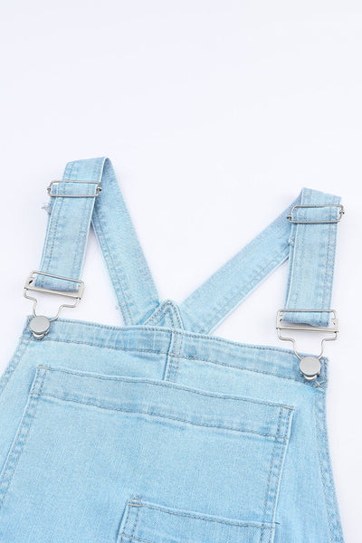 Women's Utility Denim Jumpsuit with Wide Leg Pants in Light Blue and Camouflage Gray Solid Color