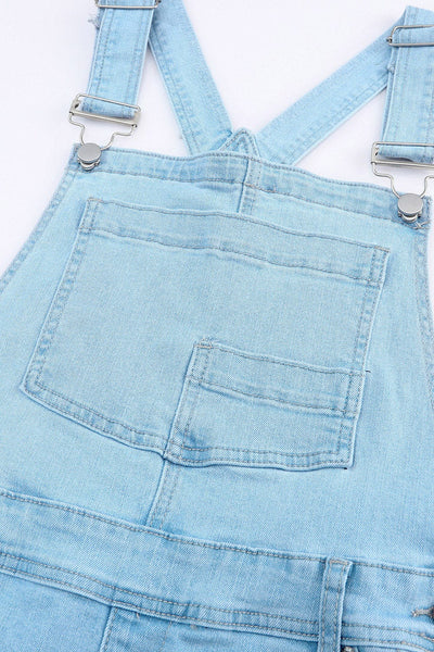 Women's Utility Denim Jumpsuit with Wide Leg Pants in Light Blue and Camouflage Gray Solid Color