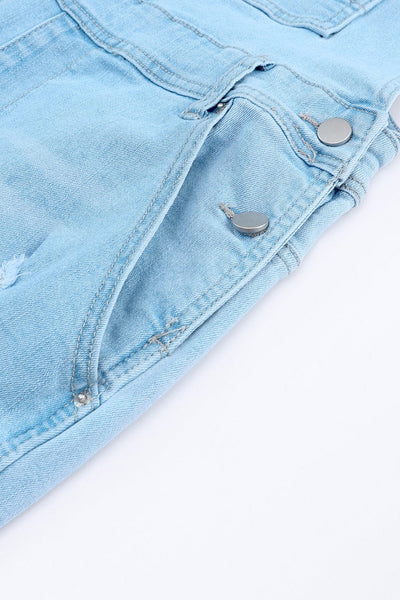 Women's Utility Denim Jumpsuit with Wide Leg Pants in Light Blue and Camouflage Gray Solid Color