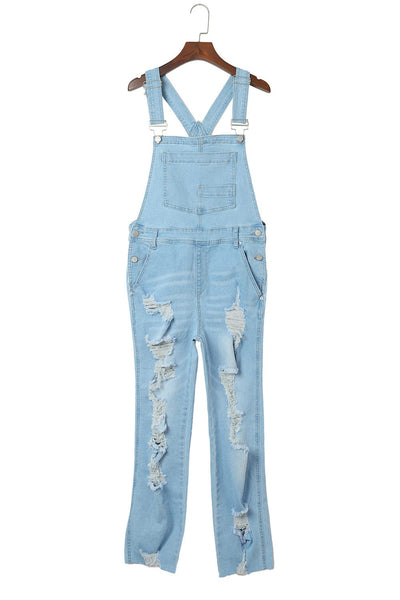Women's Utility Denim Jumpsuit with Wide Leg Pants in Light Blue and Camouflage Gray Solid Color
