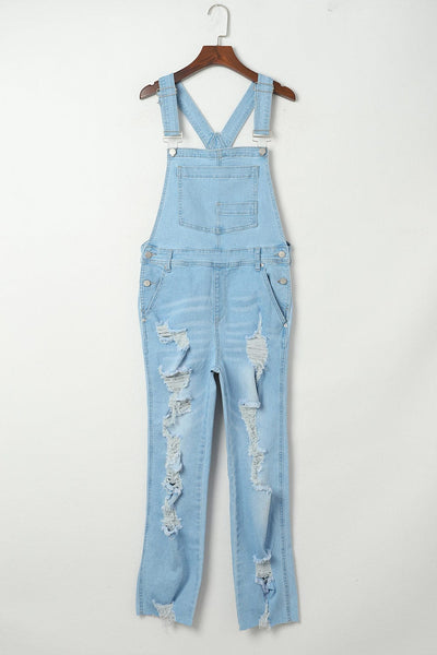 Women's Utility Denim Jumpsuit with Wide Leg Pants in Light Blue and Camouflage Gray Solid Color