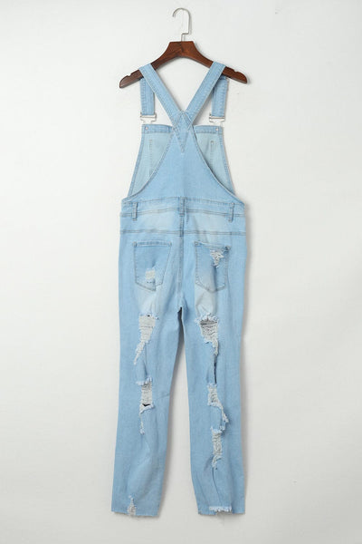 Women's Utility Denim Jumpsuit with Wide Leg Pants in Light Blue and Camouflage Gray Solid Color