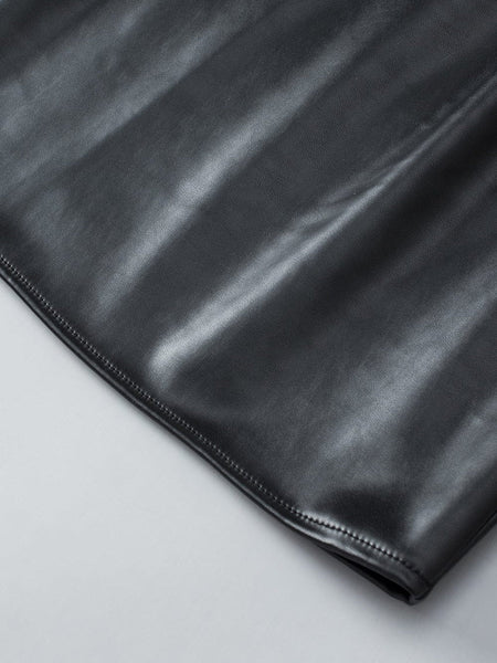 Sleek Black Faux Leather Crew Neck Sleeveless Top