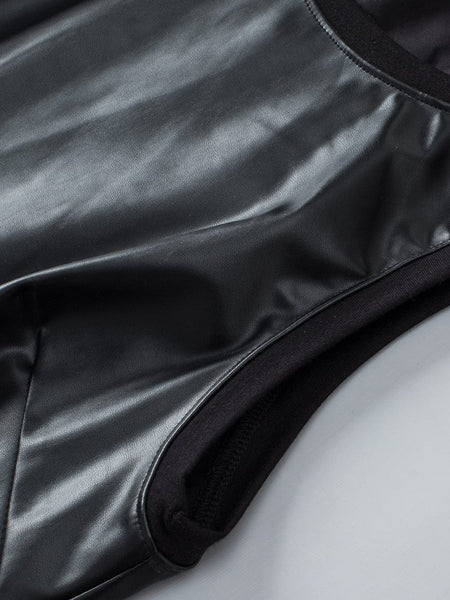 Sleek Black Faux Leather Crew Neck Sleeveless Top