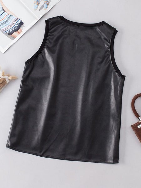 Sleek Black Faux Leather Crew Neck Sleeveless Top