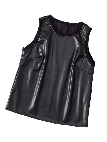 Sleek Black Faux Leather Crew Neck Sleeveless Top