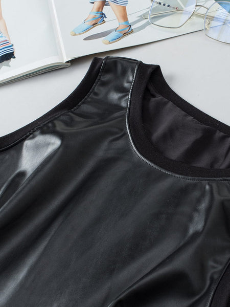 Sleek Black Faux Leather Crew Neck Sleeveless Top