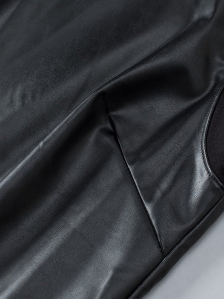 Sleek Black Faux Leather Crew Neck Sleeveless Top