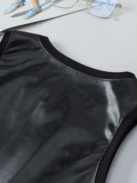 Sleek Black Faux Leather Crew Neck Sleeveless Top