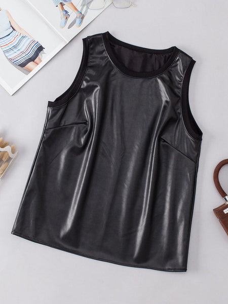 Sleek Black Faux Leather Crew Neck Sleeveless Top