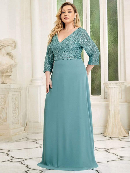 Women's Sleek Plus Size V-Neck Sequin A-Line Formal Evening Gown with 3/4 Sleeves