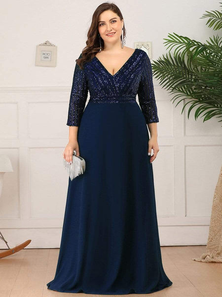 Women's Sleek Plus Size V-Neck Sequin A-Line Formal Evening Gown with 3/4 Sleeves