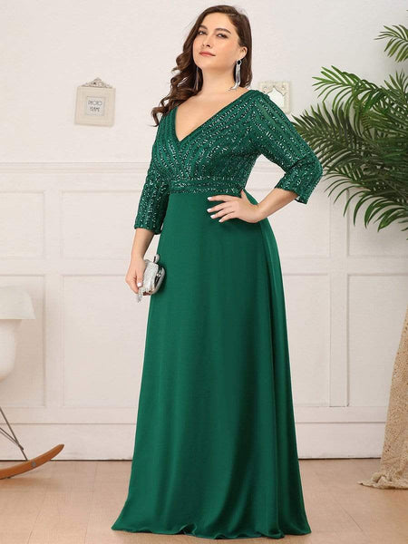 Women's Sleek Plus Size V-Neck Sequin A-Line Formal Evening Gown with 3/4 Sleeves