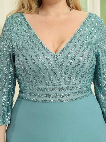 Women's Sleek Plus Size V-Neck Sequin A-Line Formal Evening Gown with 3/4 Sleeves