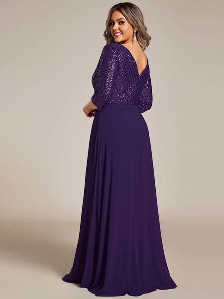 Women's Sleek Plus Size V-Neck Sequin A-Line Formal Evening Gown with 3/4 Sleeves